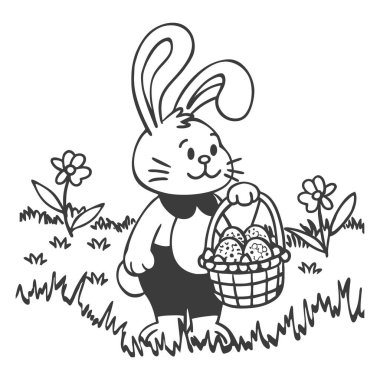 Çiçek tarlasında bir sepet yumurta taşıyan Paskalya tavşanı. Çizim, bir çocuk boyama kitabı için çizim.