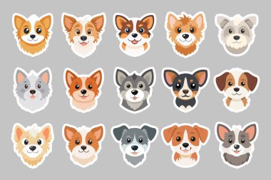 Şirin köpek suratlı çıkartmalar. Sevimli köpek suratları koleksiyonu. Görüntü.