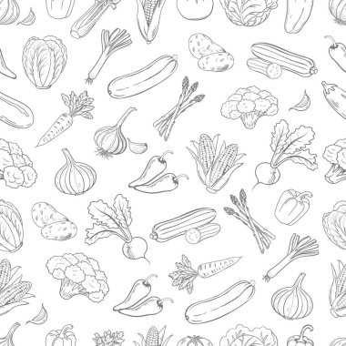 Sebzeler beyaz arka planda dikişsiz desen oluşturuyor. Karalama stilinde el çizimi illüstrasyon.