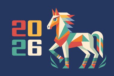 Geometrik çokgen at siluetiyle mutlu yıllar. At Yılı. Tebrik kartı. Görüntü.
