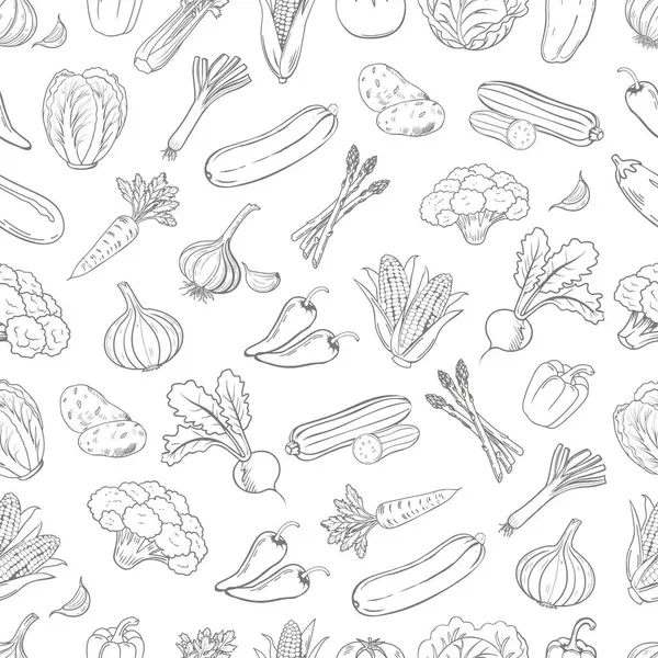 Sebzeler beyaz arka planda dikişsiz desen oluşturuyor. Karalama stilinde el çizimi illüstrasyon.