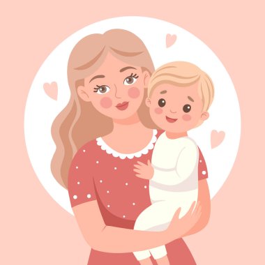 Anne bebeğini sevgi ve özenle tutuyor. Sevimli düz biçim illüstrasyonu.