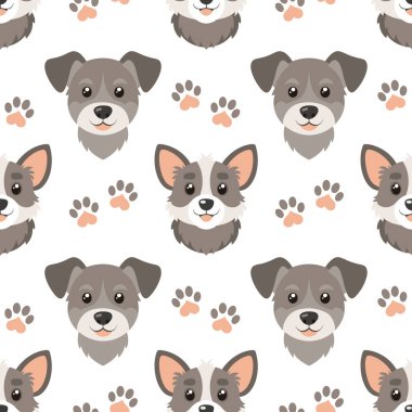 Şirin köpek suratlarının kusursuz deseni. Pençe izli şirin köpekler var. Çocuklar için sevimli bir geçmiş..