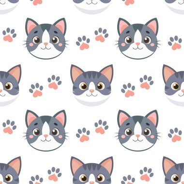 Sevimli kedi yüzlerinin ve pençe izlerinin kusursuz deseni. Yavru kediler pürüzsüz desen. Çocuklar için sevimli bir geçmiş..