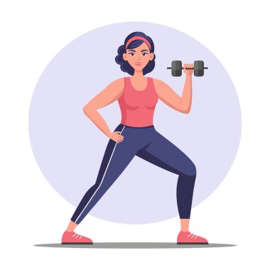 Fitness. Spor salonunda dambıllarla çalışan bir kadın. Spor yaparken ağırlık kaldıran bir kadın. Spor ve yaşam tarzı.