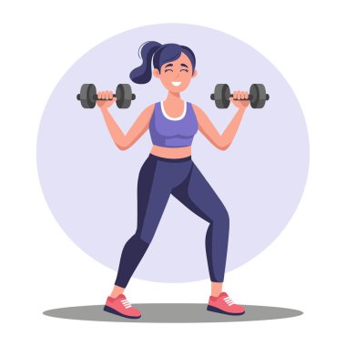 Fitness. Spor salonunda dambıllarla çalışan bir kadın. Spor yaparken ağırlık kaldıran bir kadın. Spor ve yaşam tarzı.