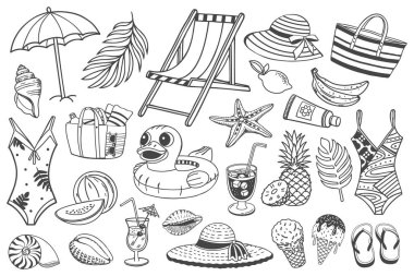 Mayolar, güneş şapkaları, plaj çantaları, deniz kabukları ve tropikal elementlerle yaz tatili koleksiyonu. Kart simgeleri, çıkartmalar, yaz indirimi afişleri.