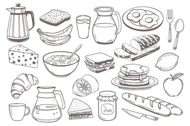 Kahvaltı simgeleri ayarlandı. Süt sürahisi kahve fincanı suyu sandviçleri yumurtalı gözleme reçelli tost ve pazar ürünü tasarımı için süt ile mısır gevreği. El çizimi çizimi çizimi.