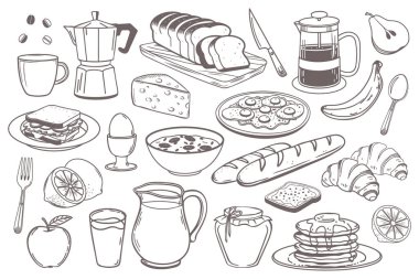 Kahvaltı simgeleri ayarlandı. Süt sürahisi kahve fincanı suyu sandviçleri yumurtalı gözleme reçelli tost ve pazar ürünü tasarımı için süt ile mısır gevreği. El çizimi çizimi çizimi.