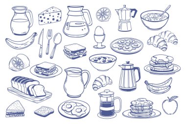 Kahvaltı simgeleri ayarlandı. Süt sürahisi kahve fincanı suyu sandviçleri yumurtalı gözleme reçelli tost ve pazar ürünü tasarımı için süt ile mısır gevreği. El çizimi çizimi çizimi.