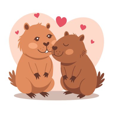 Birbirine aşık şirin, komik iki kapibara. Resim, çocuk baskısı, kartpostal..