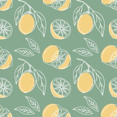 Limonsuz desen. Yeşil arka planda elle çizilmiş narenciye meyveleri. Görüntü.