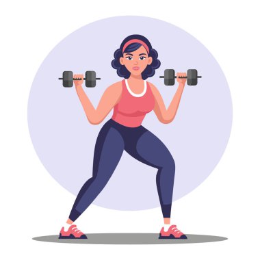 Fitness. Spor salonunda dambıllarla çalışan bir kadın. Spor yaparken ağırlık kaldıran bir kadın. Spor haberleri. Görüntü.