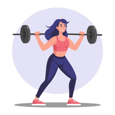 Fitness. Bir kadın halterle egzersiz yapıyor. Spor salonunda ağırlık kaldıran bir kız. Spor ve yaşam tarzı. Görüntü.