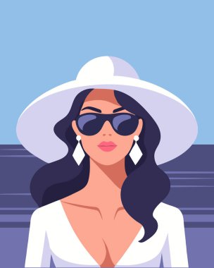 Kumsalda şapkalı ve güneş gözlüklü güzel bir kadın. Zarif bir kadının portresi. Yaz illüstrasyonu.