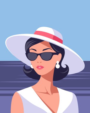 Kumsalda şapkalı ve güneş gözlüklü güzel bir kadın. Zarif bir kadının portresi. Yaz illüstrasyonu.