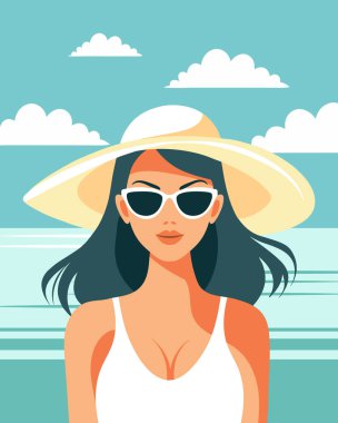 Kumsalda şapkalı ve güneş gözlüklü güzel bir kadın. Zarif bir kadının portresi. Yaz illüstrasyonu.