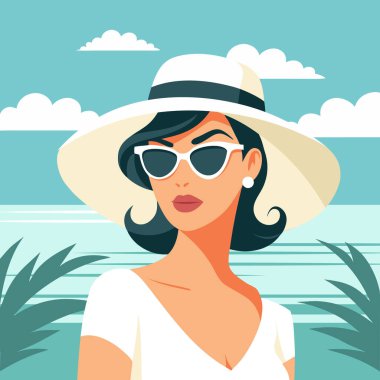 Kumsalda şapkalı ve güneş gözlüklü güzel bir kadın. Zarif bir kadının portresi. Yaz illüstrasyonu.