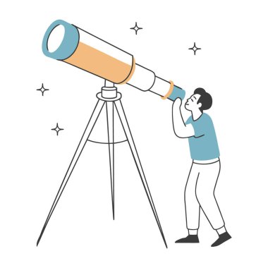 Dürbünle ya da teleskopla gelecek fırsatları ve yeni fikirleri arayan bir adam. Asgari illüstrasyon.