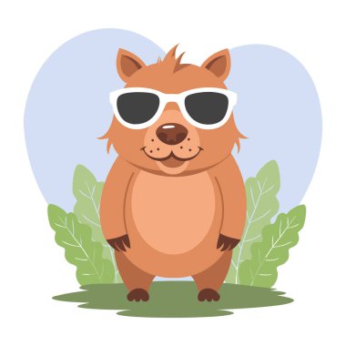 Güneş gözlüklü sevimli komik hayvan Capybara karakteri. Resim, çocuk baskısı, kartpostal..