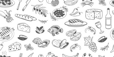 Kusursuz el yapımı basit Akdeniz yemeği çizimi. Balık, deniz ürünleri, zeytinli ekmek. Kafe veya restoran menüsü için arkaplan.