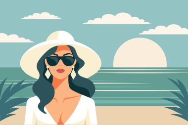 Sahilde şapkalı ve güneş gözlüklü bir kadın. Yaz tatili, tatil ve seyahat konsepti. Görüntü.