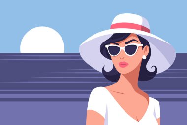 Sahilde şapkalı ve güneş gözlüklü bir kadın. Yaz tatili, tatil ve seyahat konsepti. Görüntü.