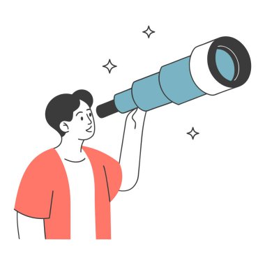 Bir teleskopla gökyüzünü izleyen bir adam. Asgari illüstrasyon.