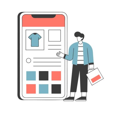 Akıllı telefon uygulaması kullanan bir adam online alışveriş yapıyor. İnternetten alışveriş konsepti. Asgari illüstrasyon.