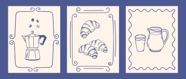 El yapımı klasik kahvaltı posterleri. Kahveli, kruvasanlı ve sütlü kahvaltı çizimleri. Mürekkep çizimi. Kafe veya restoran menüsü için klasik illüstrasyonlar.