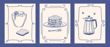 El yapımı klasik kahvaltı posterleri. Kahveli, krepli ve reçelli kahvaltı çizimleri. Mürekkep çizimi. Kafe veya restoran menüsü için klasik illüstrasyonlar.