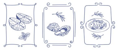 Basit Akdeniz yemekleriyle el çizimi posterler. Balık deniz ürünleri zeytinleri. Mürekkep karalama skeci. Kafe veya restoran menüsü için klasik illüstrasyonlar.