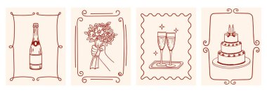 El çizimi düğün davetiyeleri, içinde şampanya, pasta ve çiçekler olan posterler. Mürekkep karalama skeci. Coquette vintage çizimleri.