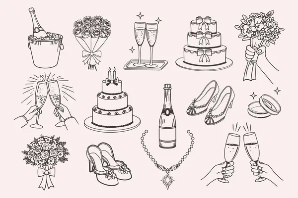 Düğün seti. Şampanya, pasta, yüzük ve çiçek buketlerinin el çizimleri. Mürekkep karalama skeci. Düğün davetiyeleri, menü ve partiler için klasik illüstrasyonlar.