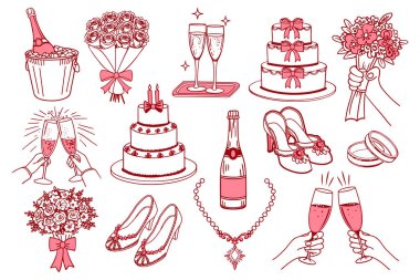 Düğün kutlaması öğeleri koleksiyonu. Şampanya, pasta, yüzük ve çiçek buketlerinin el çizimleri. Düğün davetiyeleri, menüler ve partiler için klasik çizimler..