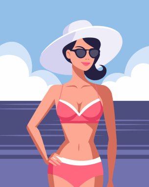 Plajda mayo ve şapka giymiş güzel bir kadın. Yaz tatili, tatil ve seyahat konsepti. Görüntü.