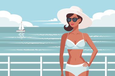 Plajda güneş gözlüklü ve şapkalı bir kadın. Yaz tatili, tatil ve seyahat konsepti. Görüntü.