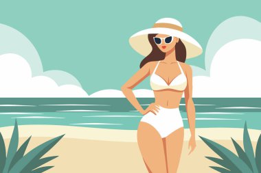 Plajda mayo ve şapka giymiş güzel bir kadın. Yaz tatili, tatil ve seyahat konsepti. Görüntü.