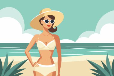 Plajda mayo ve şapka giymiş güzel bir kadın. Yaz tatili, tatil ve seyahat konsepti. Görüntü.