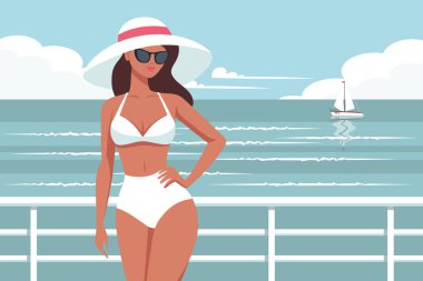 Plajda güneş gözlüklü ve şapkalı bir kadın. Yaz tatili, tatil ve seyahat konsepti. Görüntü.