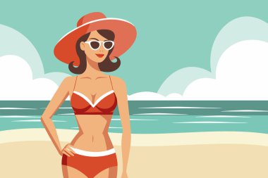 Mayolu güzel bir kadın, plajda şapka ve güneş gözlüğü. Yaz tatili, tatil ve seyahat konsepti. Görüntü.