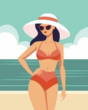 Mayolu güzel bir kadın, plajda şapka ve güneş gözlüğü. Yaz tatili, tatil ve seyahat konsepti. Görüntü.