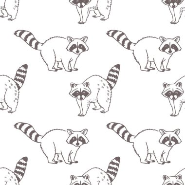 Güzel el çizimi rakunlarla kusursuz desen. Beyaz bir yüzeyde rakunlar. Çizim çizimi, arkaplan.