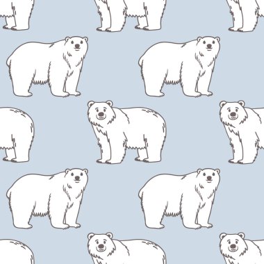 Kutup ayılarında kusursuz desen. Açık mavi yüzeyde kutup ayıları. Çizim çizimi, arkaplan.