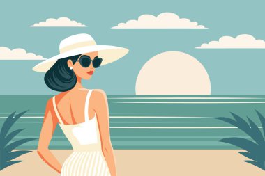 Sahilde şapkalı ve güneş gözlüklü bir kadın. Yaz zamanı, tatil konsepti. Seyahat illüstrasyonu.