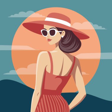 Güneş batarken şapkalı ve güneş gözlüklü bir kadın. Yaz tatili, tatil ve seyahat konsepti. Görüntü.