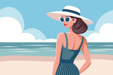 Sahilde şapkalı ve güneş gözlüklü bir kadın. Yaz zamanı, tatil konsepti. Seyahat illüstrasyonu.