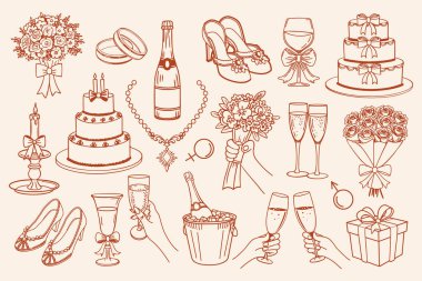 Düğün kutlaması öğeleri koleksiyonu. Şampanya, pasta, hediye ve çiçek buketlerinin el çizimi ikonları. Düğün davetiyeleri için klasik çizimler. Çizim.