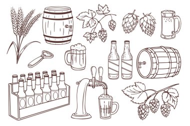 Oktoberfest festivali için bir dizi bira. Bira fıçıları, bira bardakları ve şişeler, zıpzıp ve buğday bitkileri. Çizim çizimi.