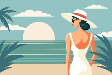 Sahilde elbise ve şapka giymiş zarif bir kadın. Yaz zamanı, tatil konsepti. Seyahat illüstrasyonu.